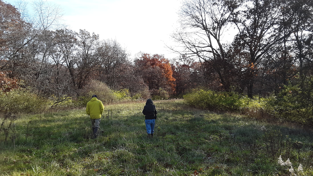 Alice and Dave walking through the remnant prairie at the Henry Conservation Easement.